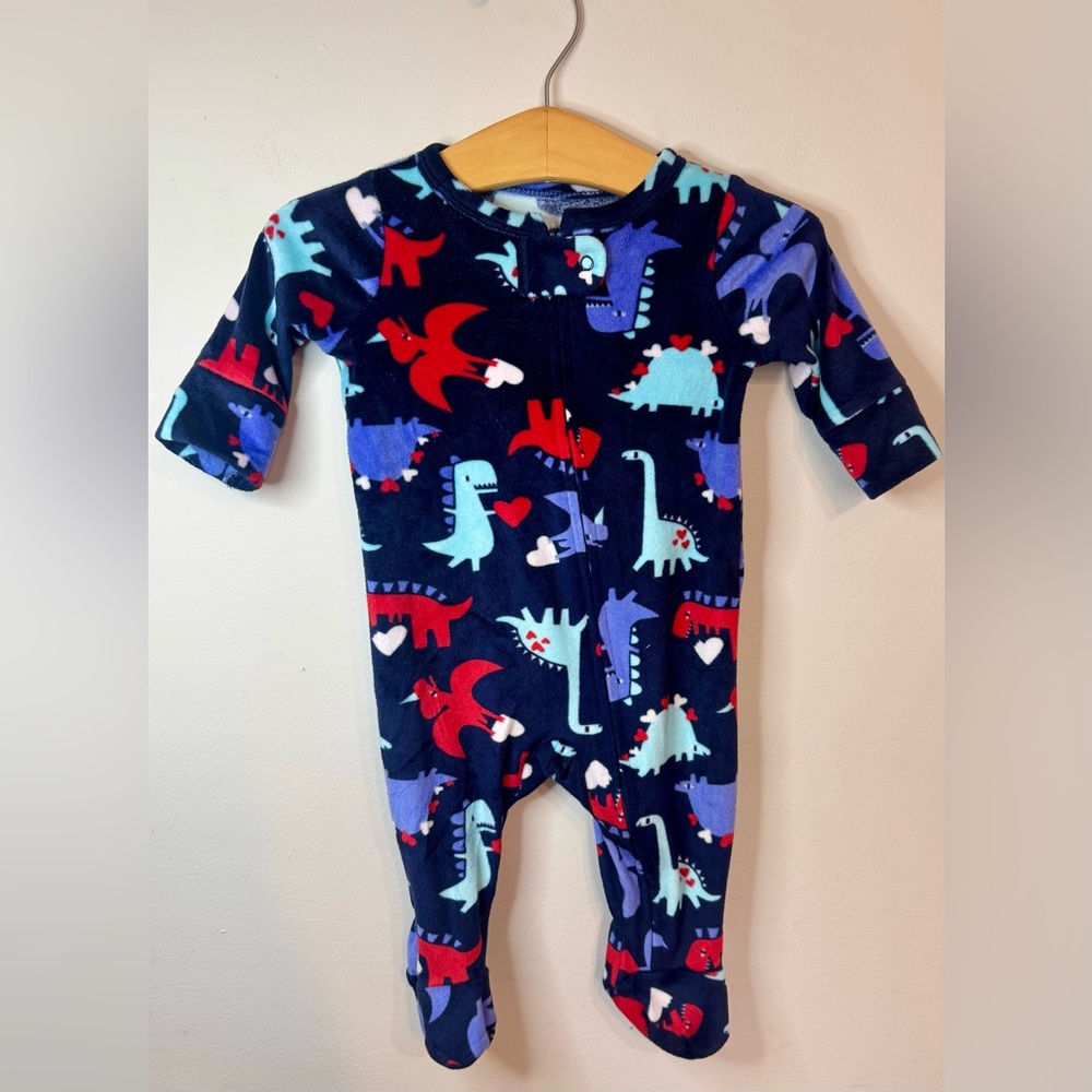 Cat & Jack | Velour Like Dinosaur Heart Print Footie Pajamas | Size 0-3 Months